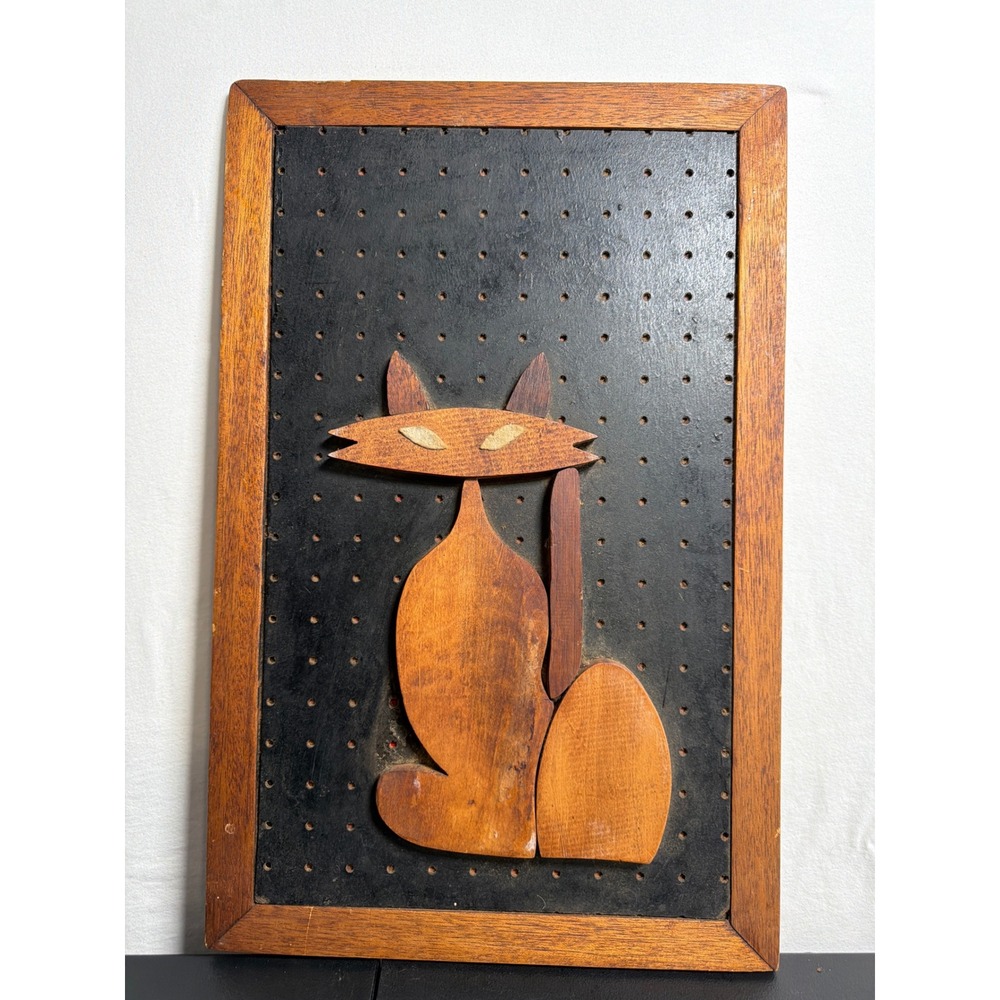 Mid-Century Modern Handmade Wood Cat Wall Art Unisex OS Brown Good